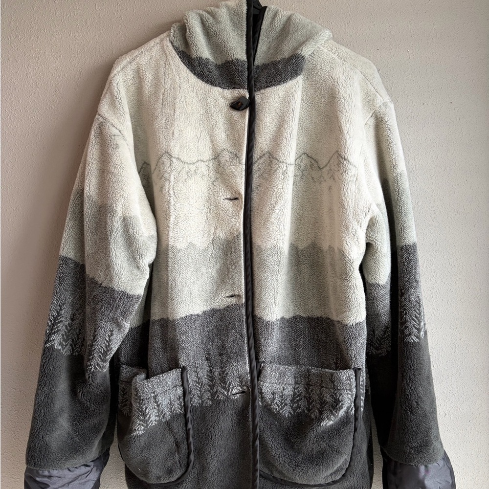 Gray and Cream Hooded Jacket with Mountain Design